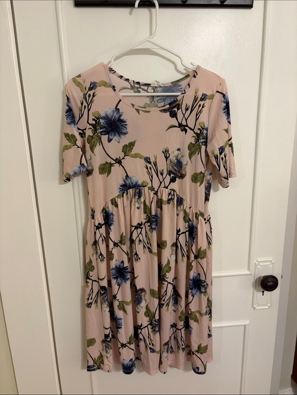 Blush Pink Floral Maxi Dress with Blue Floral Print